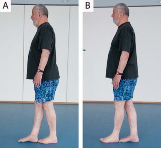 A man shown from the side, with the right foot directly in front of the left foot, then the left foot directly in front of the right foot, with the heel touching the toes.