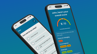 2 phone screens. One screen shows a question how well you sleep and the second is an example of the result page. There is a numerical score and graph.